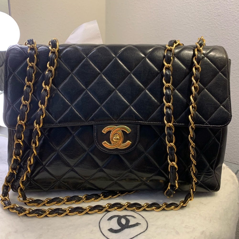 Chanel VINTAGE 
Lambskin Quilted XL Jumbo Single Flap Black